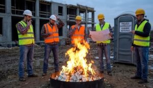 Construction Rework: Workers standing around a firepit
