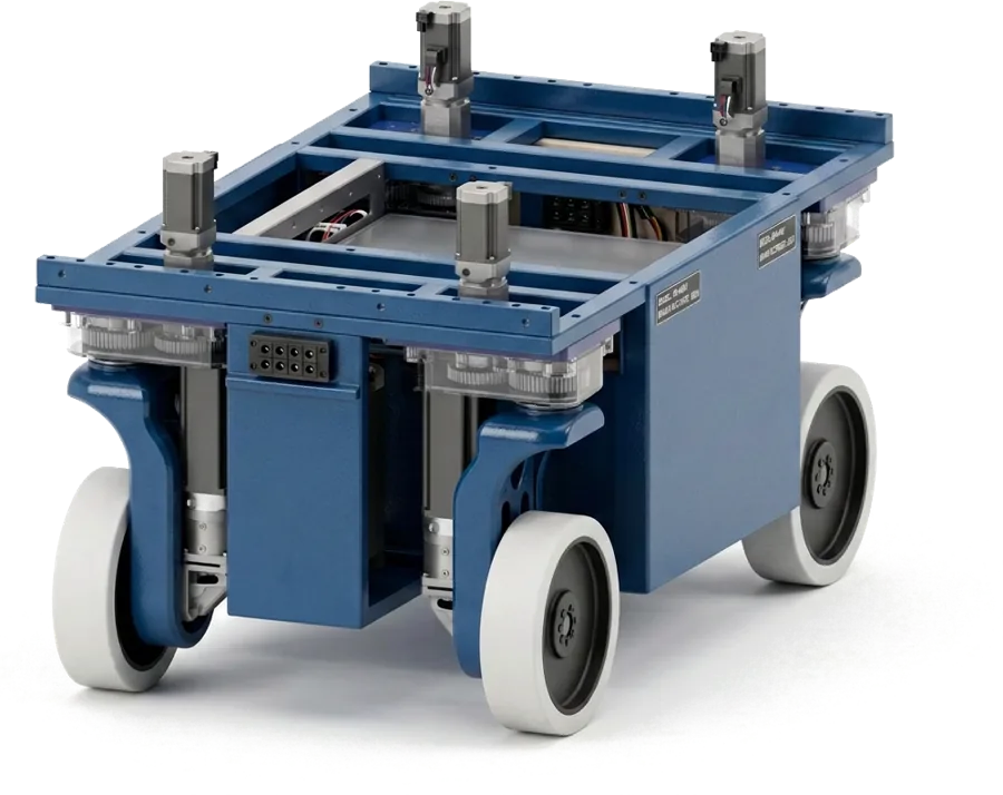 Raise V4 AGV base platform: blue steel chassis with four independently steered wheels